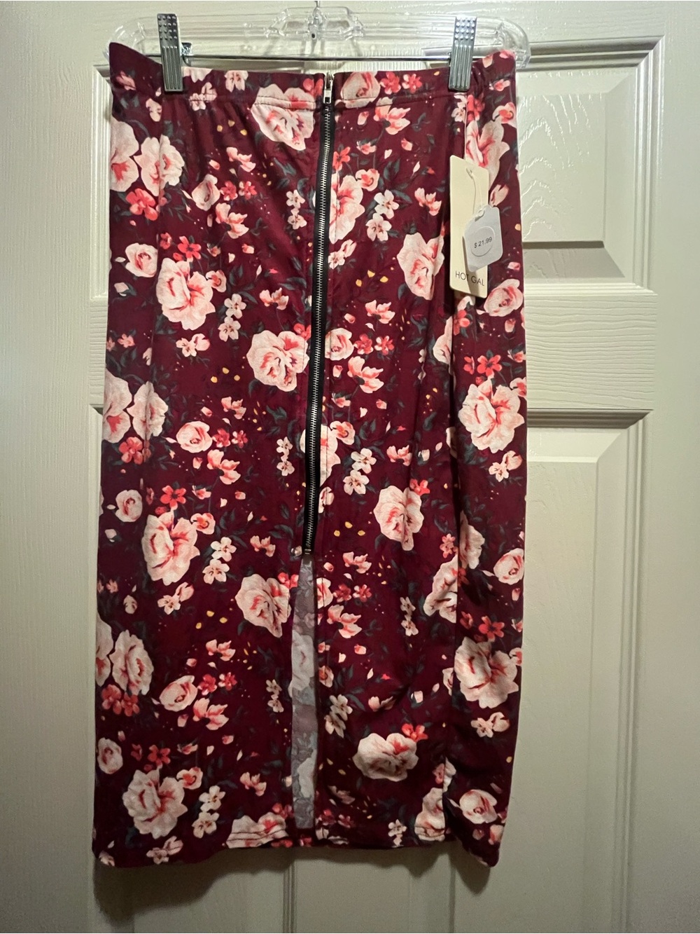 Hot Gal Women's Burgundy Floral Knit Stretch Pencil Midi Skirt Zip Size S